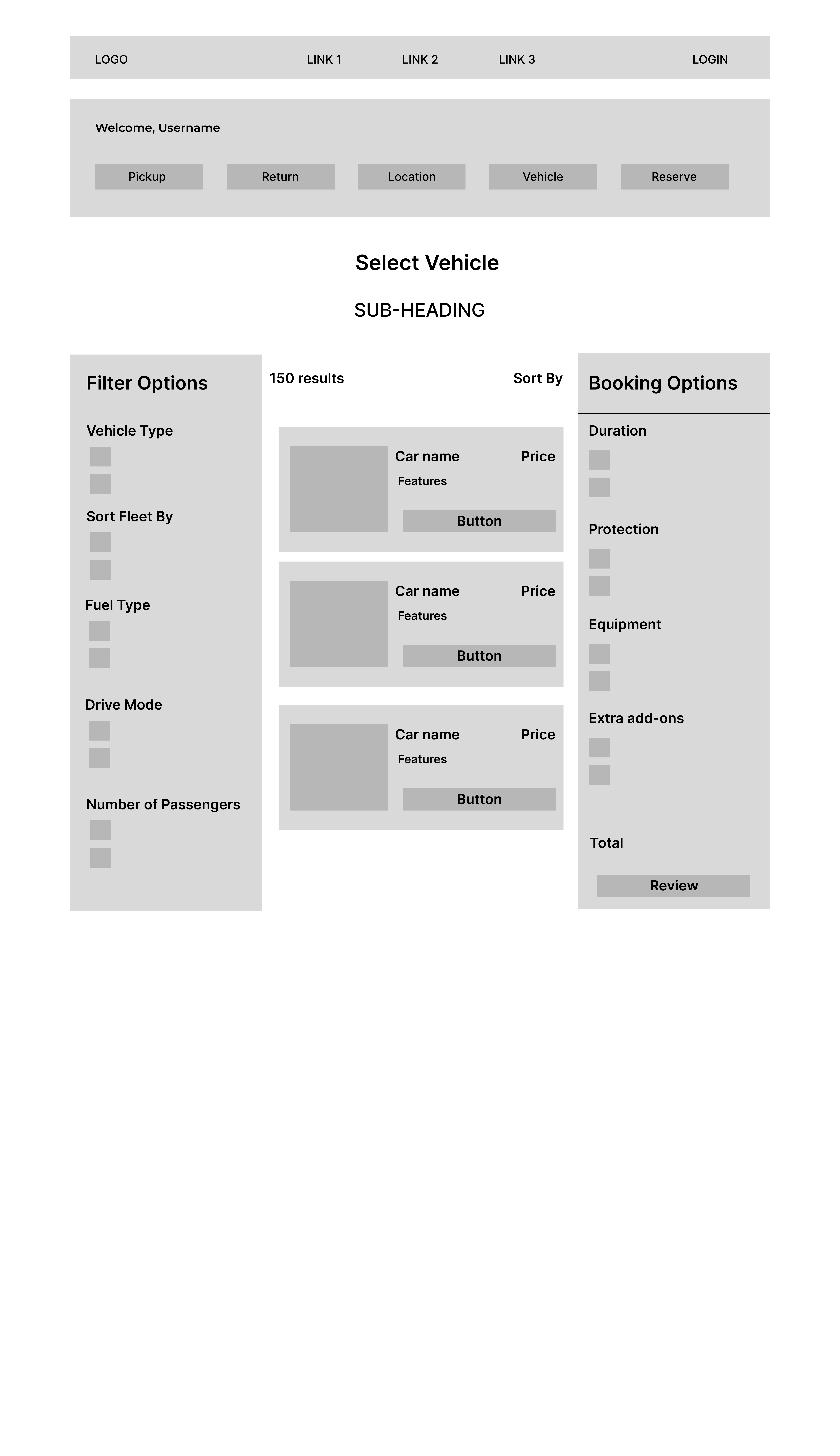 Mid-Fi Select Vehicle Wireframe